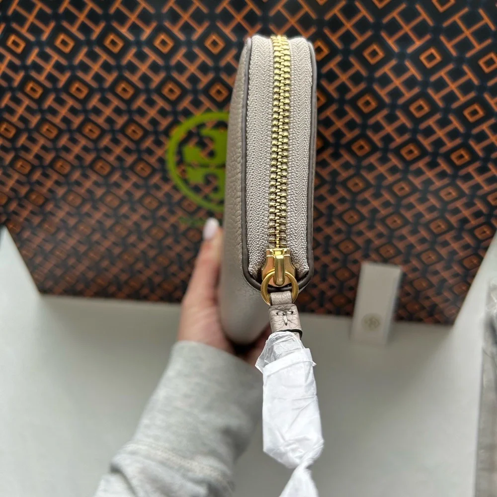 Tory Burch Walker Zip Continental Wallet Gray Heron Gold Grey